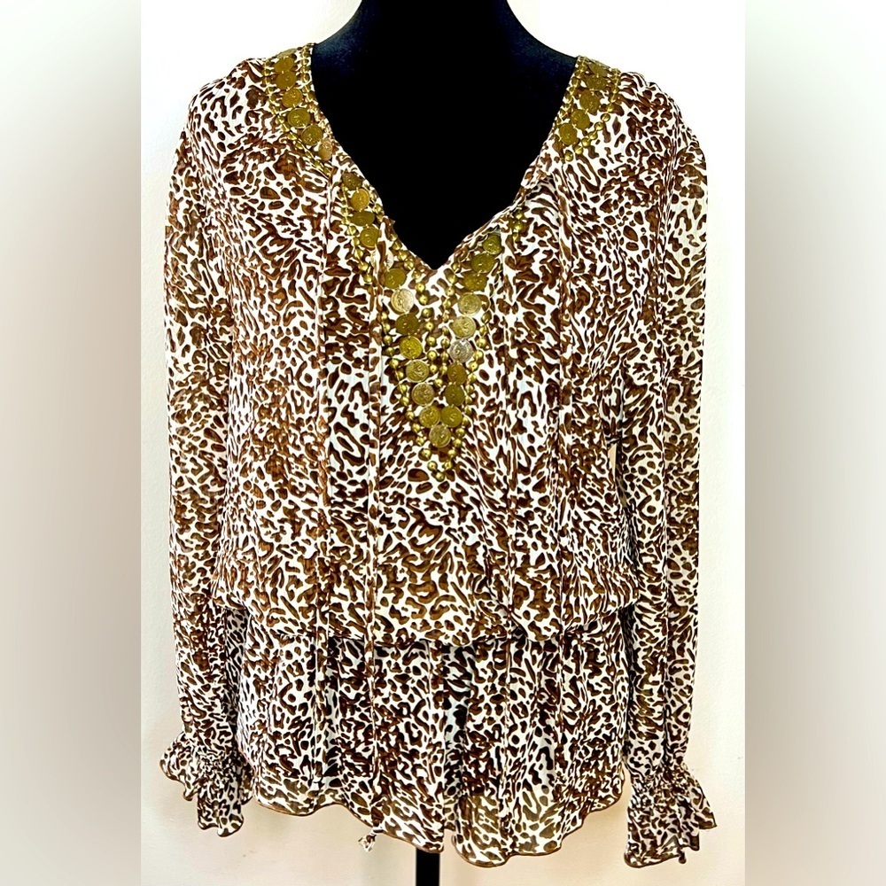 Shiloh 770 leopard print Long sleeve v neck sexy chic peplum 90’s disco club med